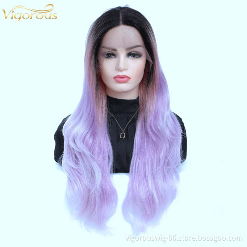 Vigorous best ombre purple color  27 inch curl bulk women heat resistant silk premium synthetic hd lace front wig